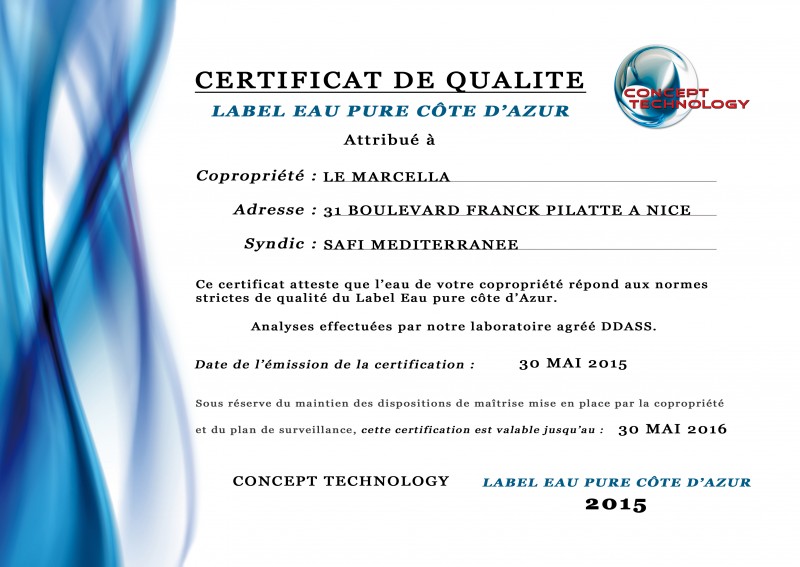 Certificat Label Eau pure côte d'Azur